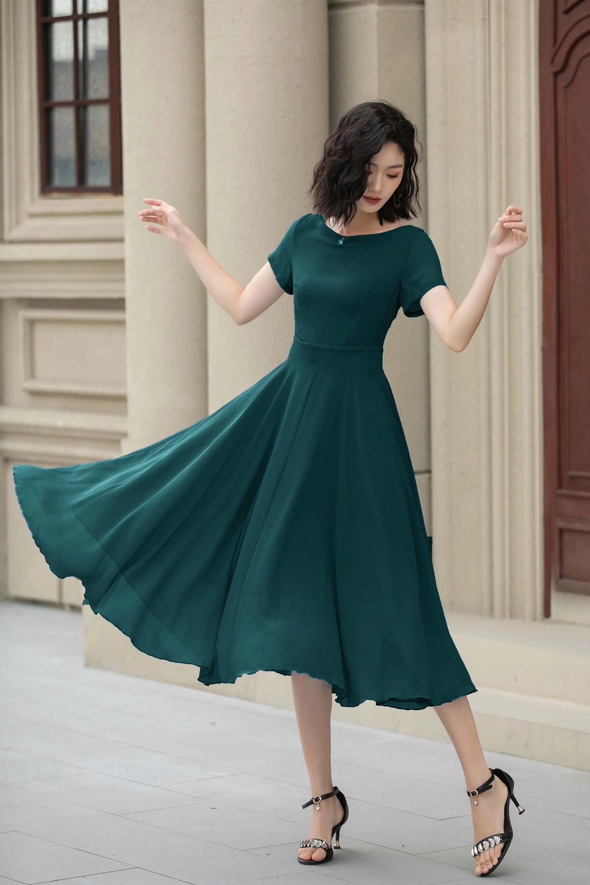 Elegant Dark Green Angora Midi Dress For Women