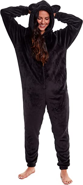 Black Fleece Lined Hooded Jumpsuit with Cat Ears