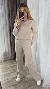 Cozy Beige Angora Knit Two-Piece Set for Women