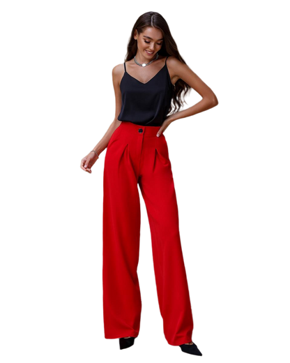Wide Leg Trousers for Women in Red Suiting Diagonal Crepe Fabric