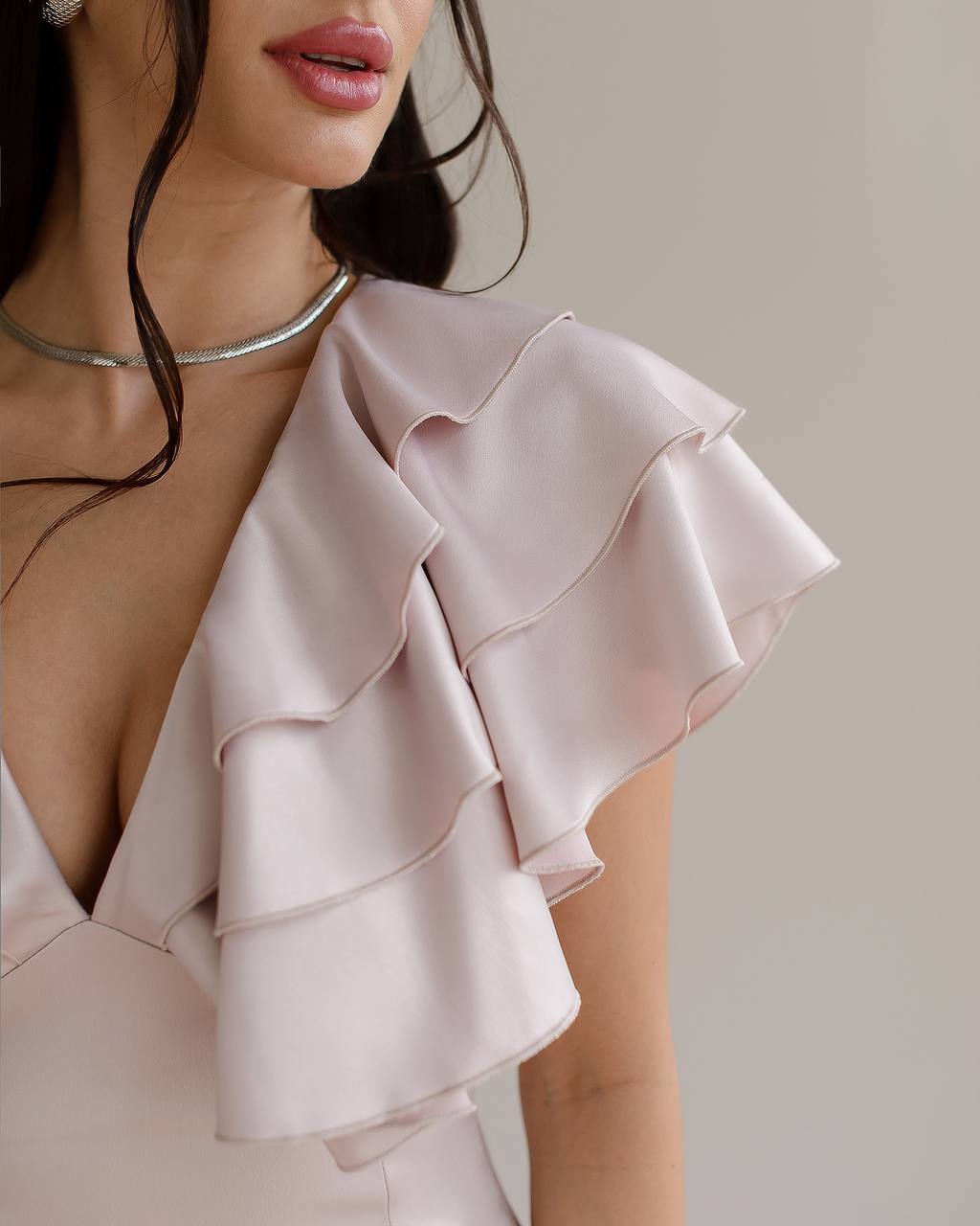 Elegant Midi Dress in Premium Mango Satin with Ruffle Details