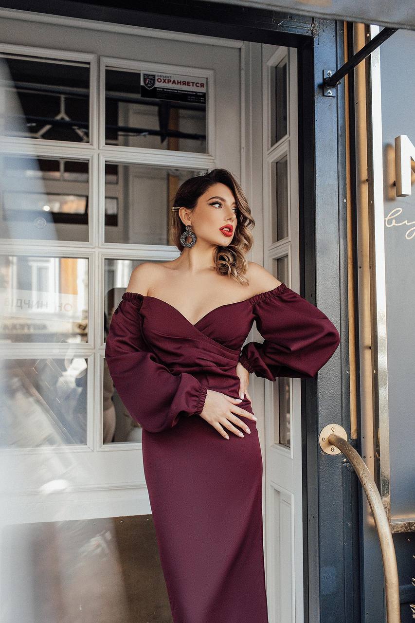 Elegant Burgundy Midi Dress with Puff Sleeves for Women