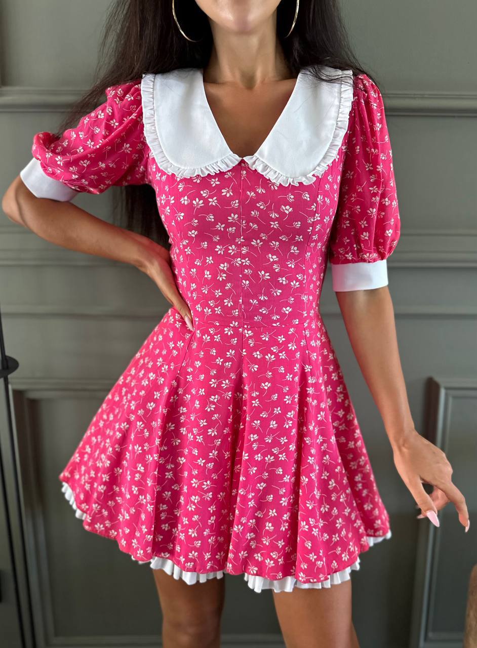 Person wearing a pink floral dress with white collar and cuffs against a neutral background