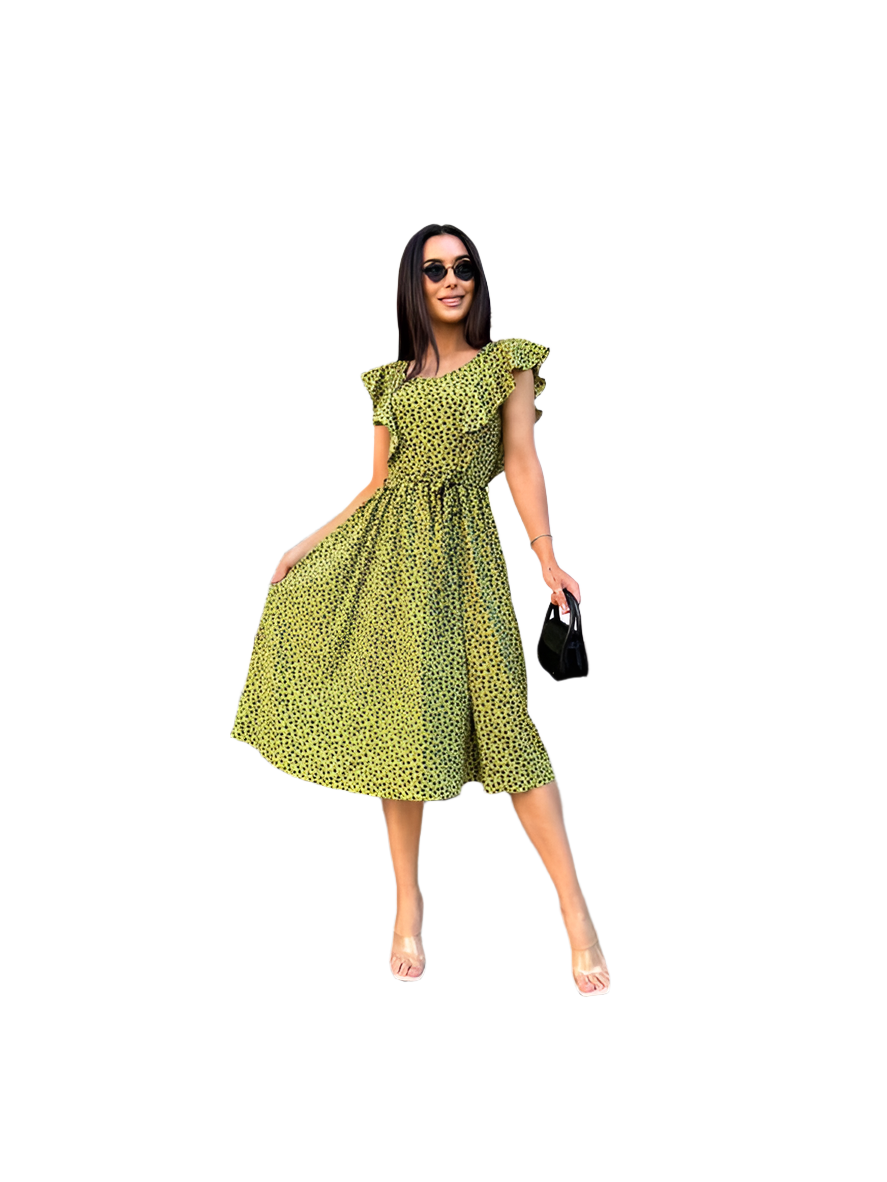 Womens Green Midi Summer Dress with Ruffle Sleeves and Fabric Belt
