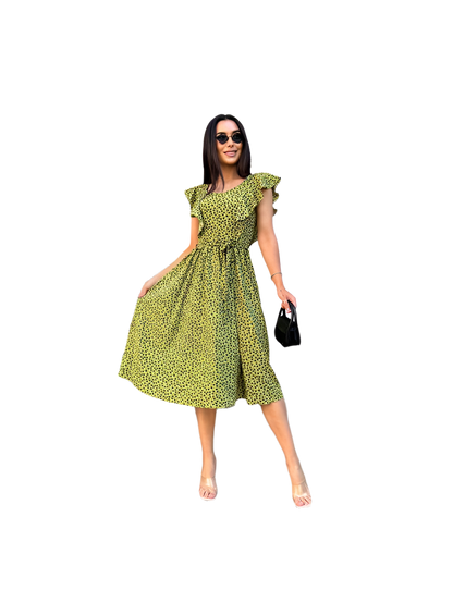 Womens Green Midi Summer Dress with Ruffle Sleeves and Fabric Belt