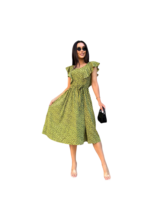Womens Green Midi Summer Dress with Ruffle Sleeves and Fabric Belt