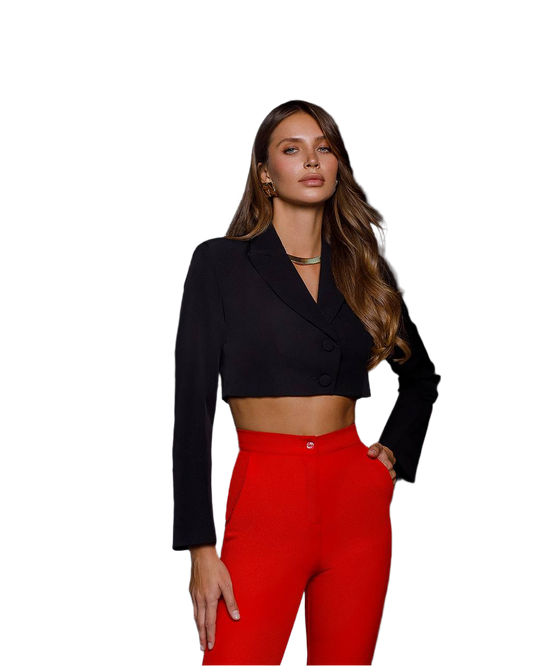Womens Cropped Suit Jacket Premium Crepe Diagonal Black Milky