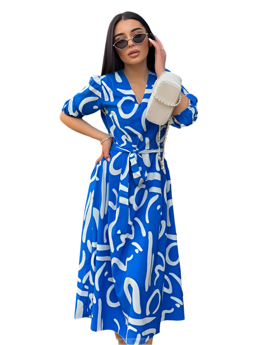 Lightweight Summer Blue Dress with Abstract White Print and Belt