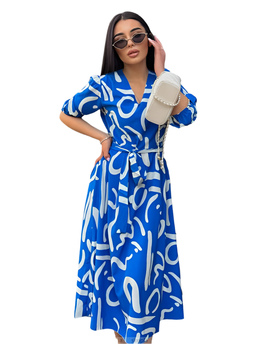 Lightweight Summer Blue Dress with Abstract White Print and Belt