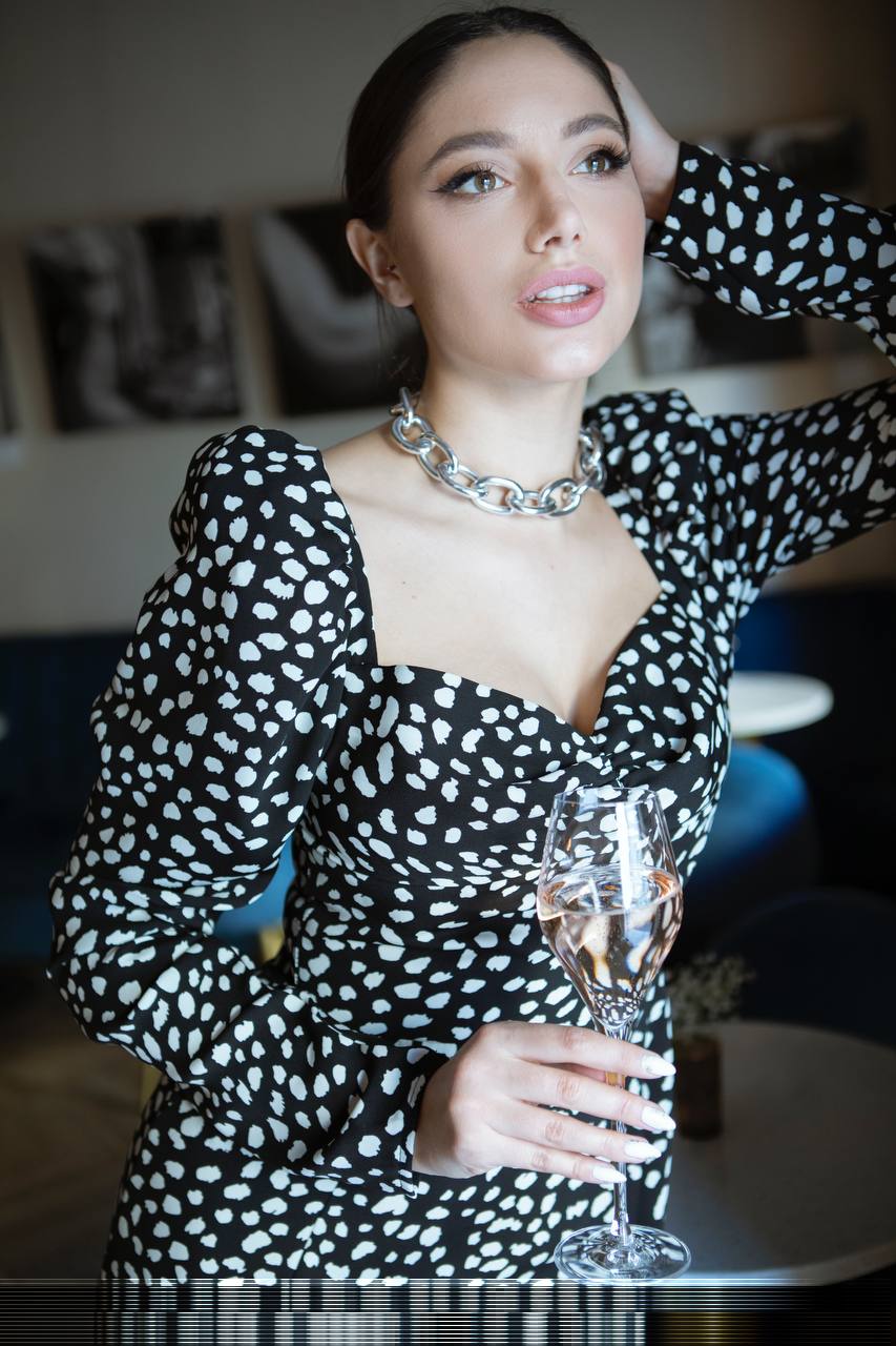 Black and Cream Stain Print Dress with Long Sleeves and Side Slit
