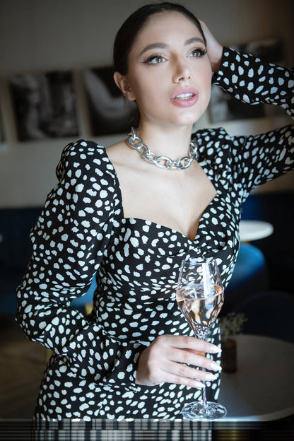 Black and Cream Stain Print Dress with Long Sleeves and Side Slit