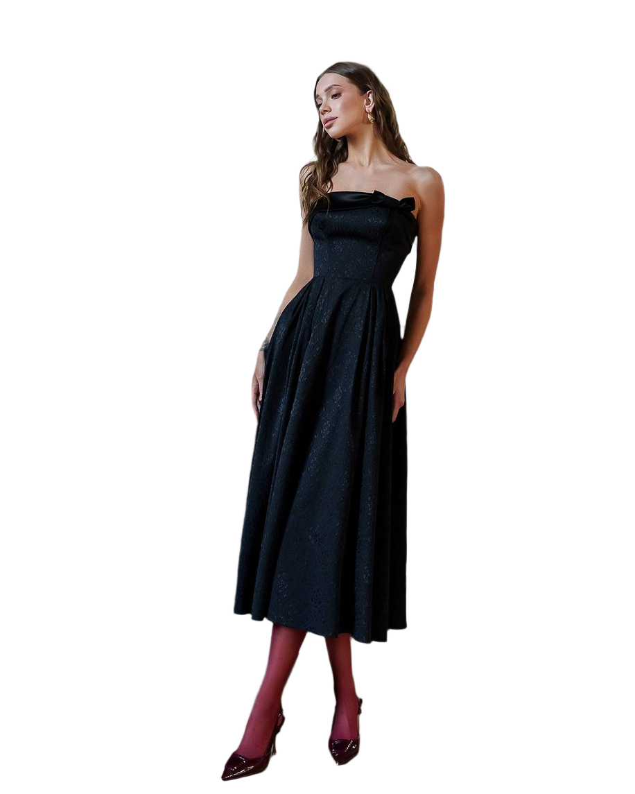 Elegant Corset Dress with Bow in Jacquard Cotton and Satin Insert