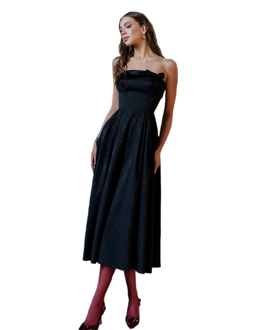Elegant Corset Dress with Bow in Jacquard Cotton and Satin Insert