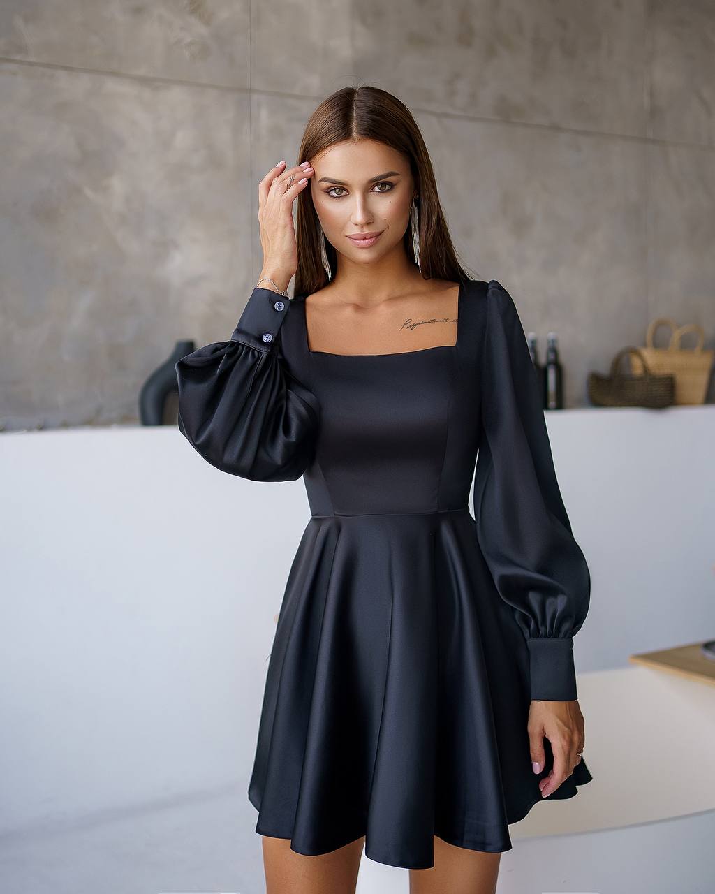 Elegant Black Satin Mini Dress for Women with Long Puff Sleeves