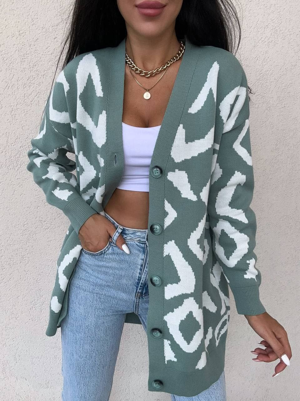 Womens Leo Cardigan Oversized Pattern Knit Sweater