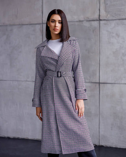 Womens Turkish Fabric Houndstooth Pattern Coat Long Trench Style Belted