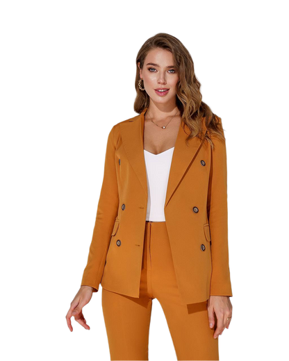 Woman wearing a mustard yellow suit on a white background