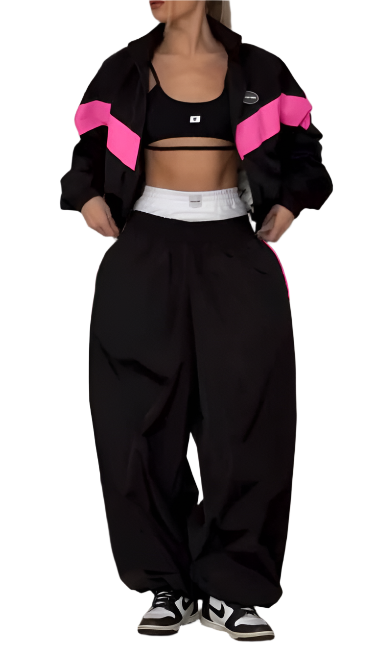 Oversized Trendy Two-Piece Tracksuit Black with Pink Accent