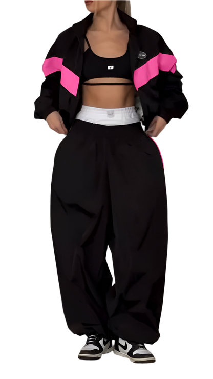Oversized Trendy Two-Piece Tracksuit Black with Pink Accent