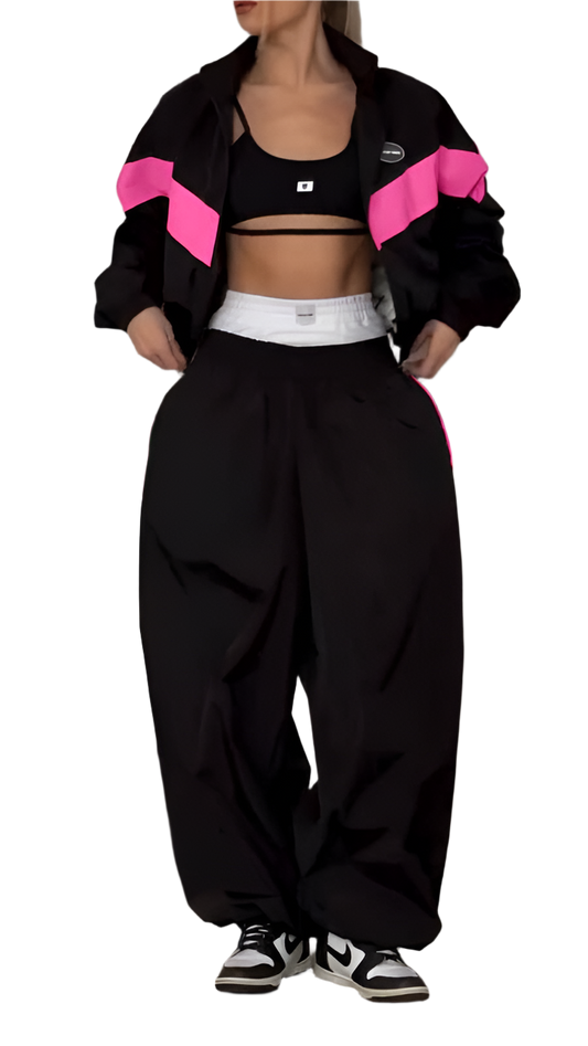 Oversized Trendy Two-Piece Tracksuit Black with Pink Accent