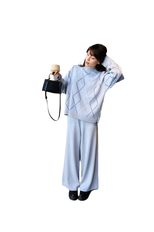 Boho Style Womens Suit Spring Wide Leg Pants and Sweater