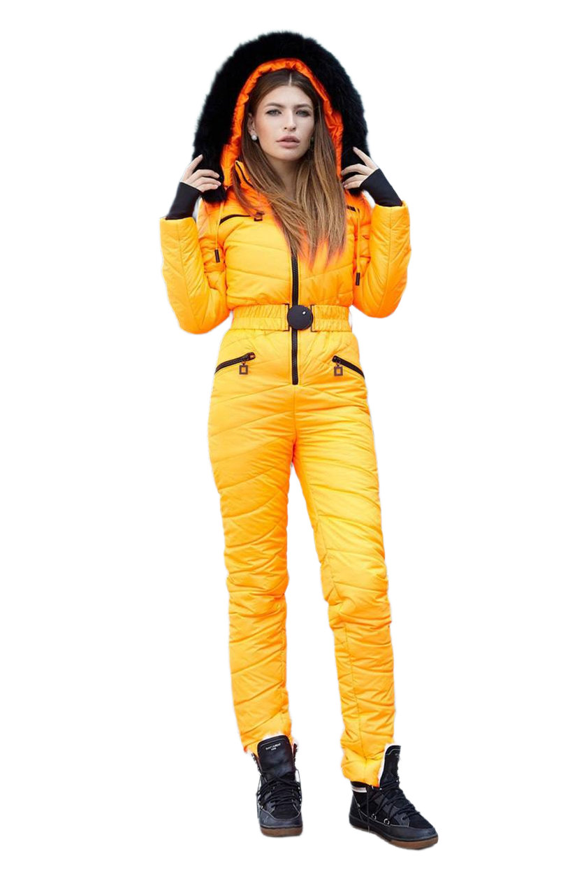 Bright Yellow Insulated Women's Ski Jumpsuit with Black Fox Fur Hood Trim
