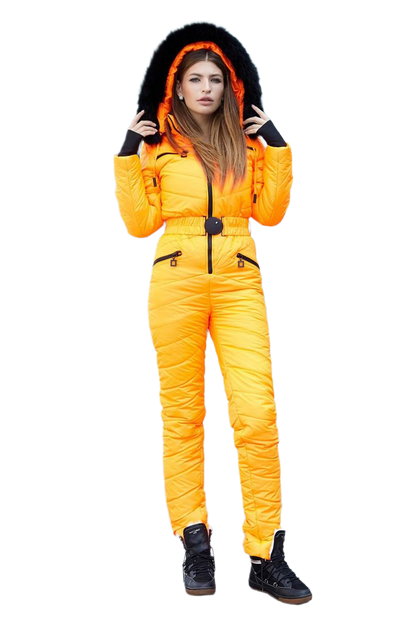 Bright Yellow Insulated Women's Ski Jumpsuit with Black Fox Fur Hood Trim