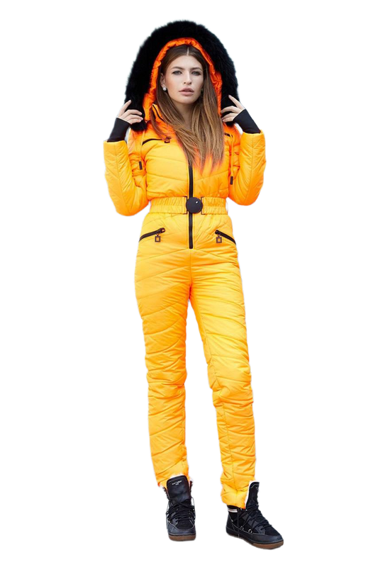 Bright Yellow Insulated Women's Ski Jumpsuit with Black Fox Fur Hood Trim