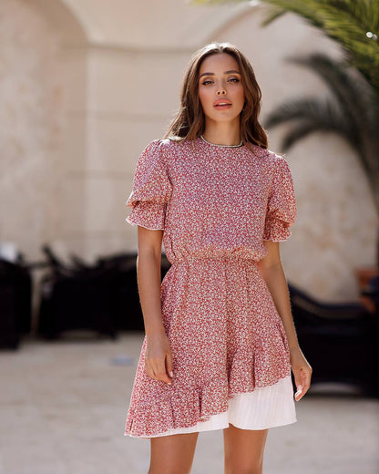 Womens Floral Print Short Sleeve Mini Dress