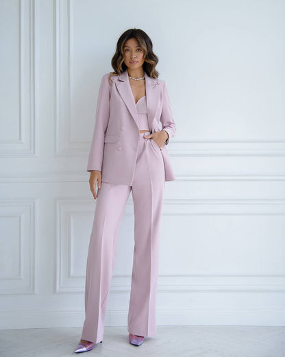 Pink Prom Bridal Wedding Cocktail Graduation Three Piece Womens Suit Jacket Top Trousers Elegant Business Outfit Pantsuit Palazzo Pants