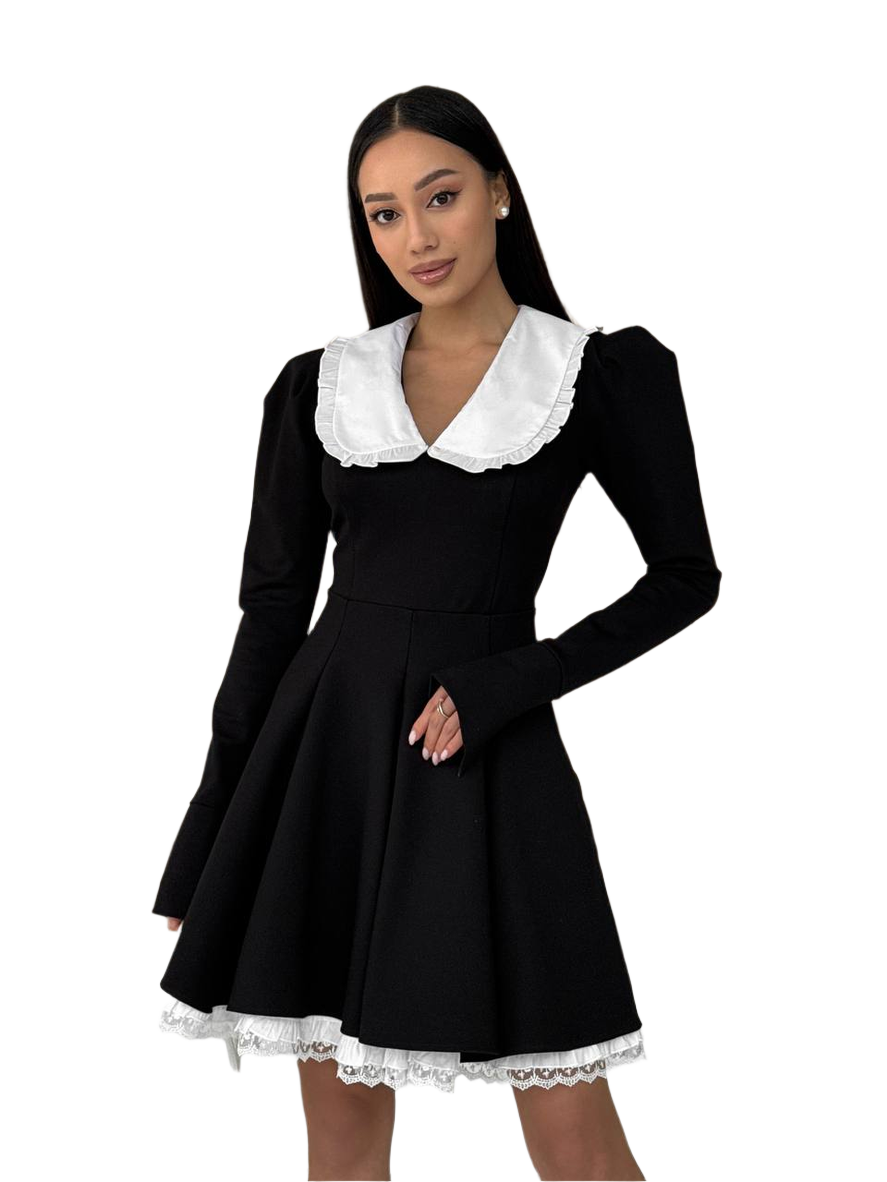 Black Women School Girl Dress with White Decorative Collar and Lace Trim
