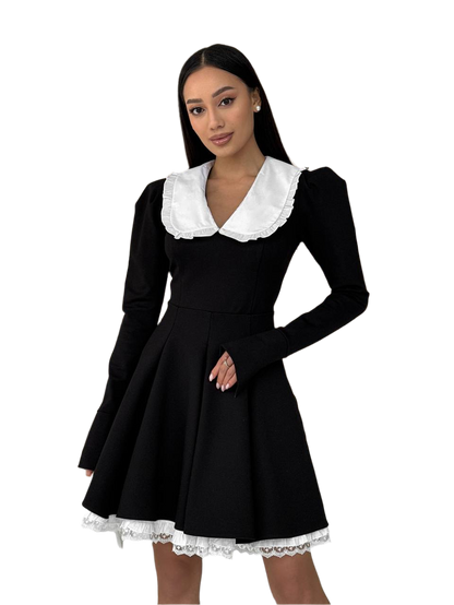 Black Women School Girl Dress with White Decorative Collar and Lace Trim