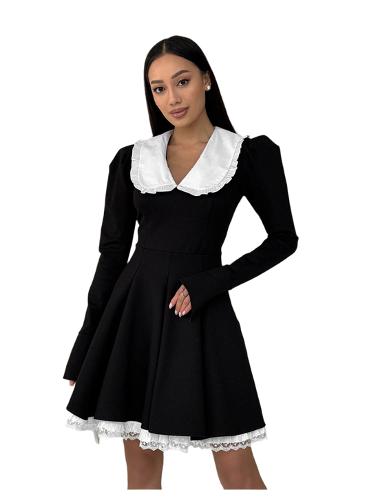 Black Women School Girl Dress with White Decorative Collar and Lace Trim