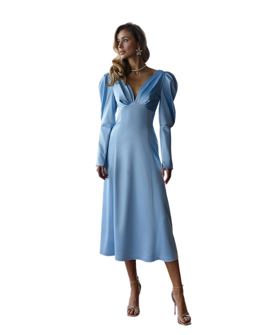 Elegant Blue Satin Midi Dress with Puff Sleeves and Deep V Neck