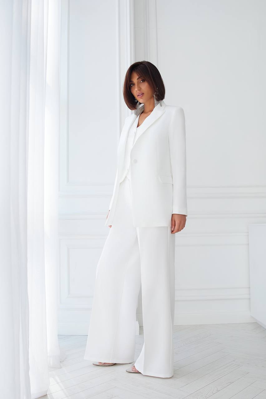 White Three Piece Womens Suit Premium Diagonal Crepe Lined Vest Jacket Trousers