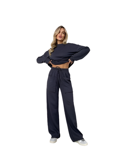 Casual Dark Blue Loose Fit Sweatshirt and High Waist Pants Set