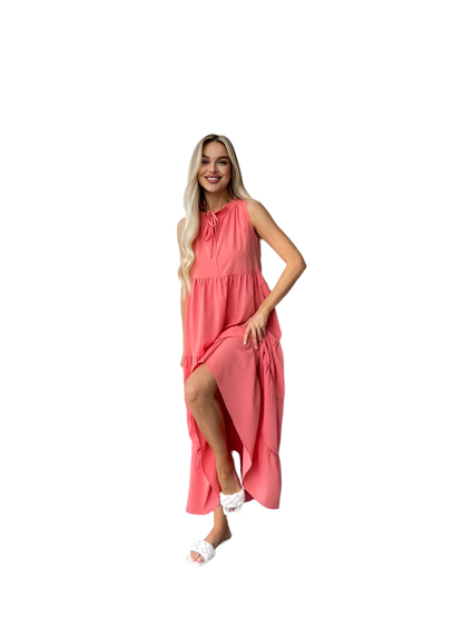 Sleeveless Coral Maxi Dress Soft Fabric Loose Fit
