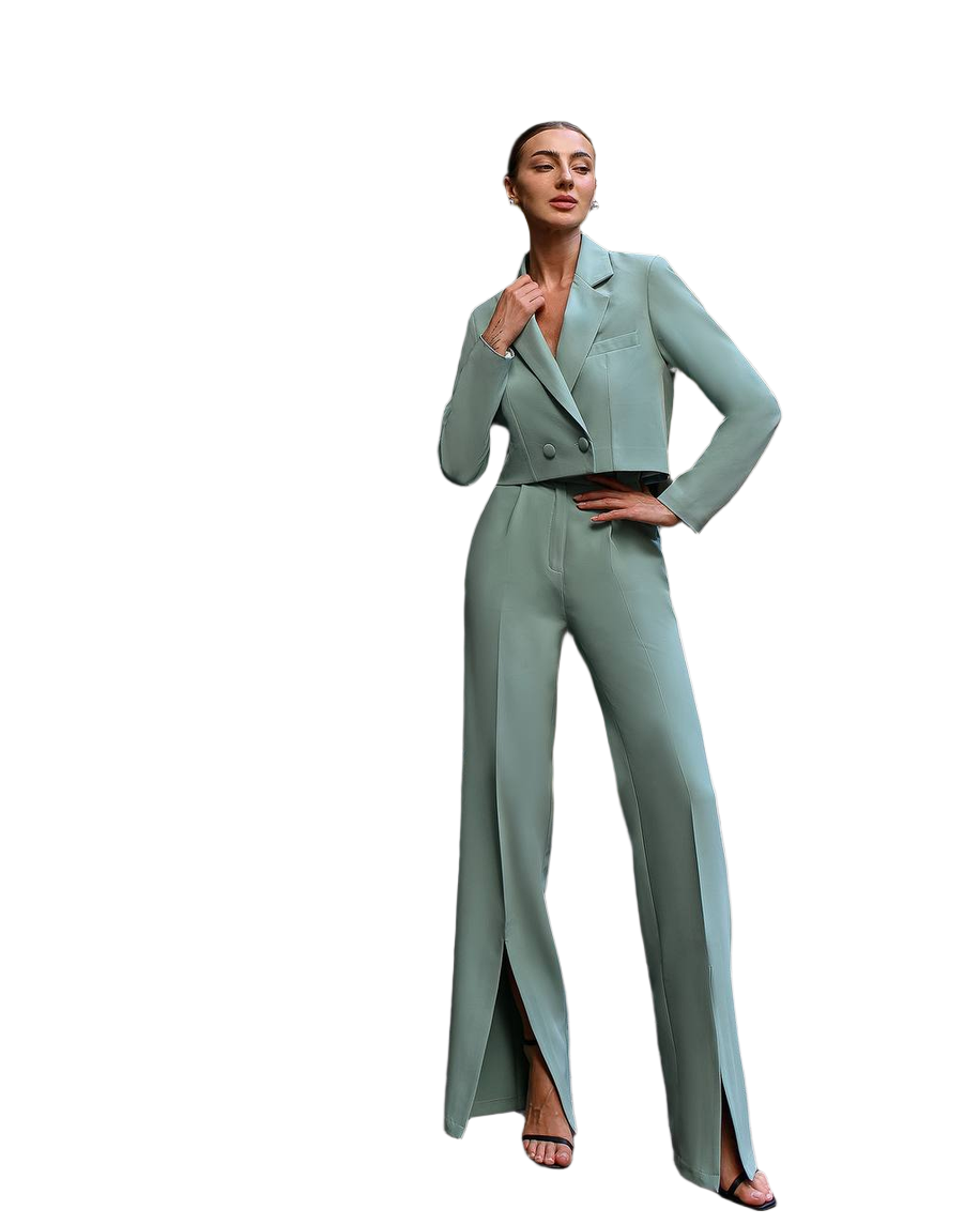 Womens Cropped Jacket Suit With High Waist Slit Trousers