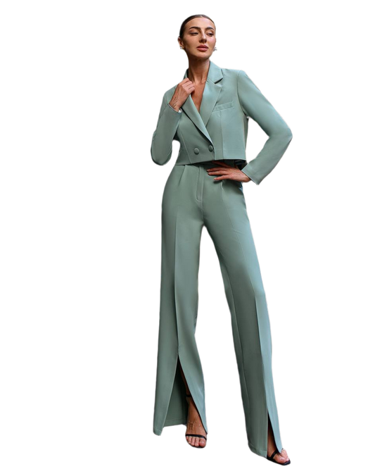 Womens Cropped Jacket Suit With High Waist Slit Trousers