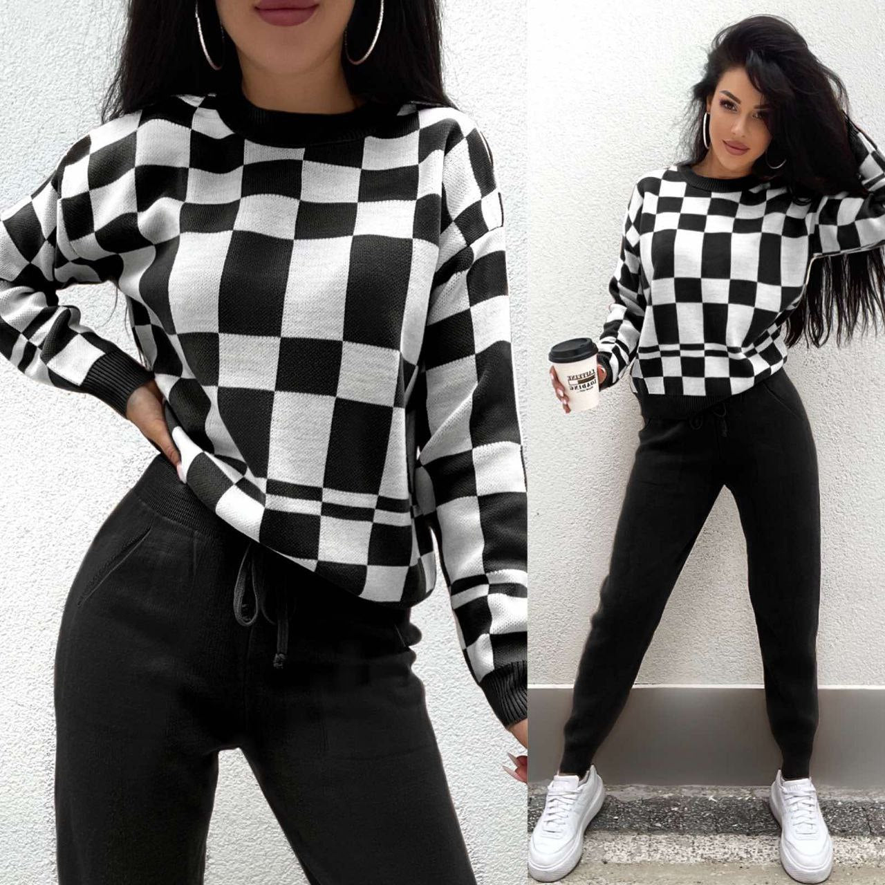 Two images of a person wearing a black and white checkered sweater with black pants and white sneakers.