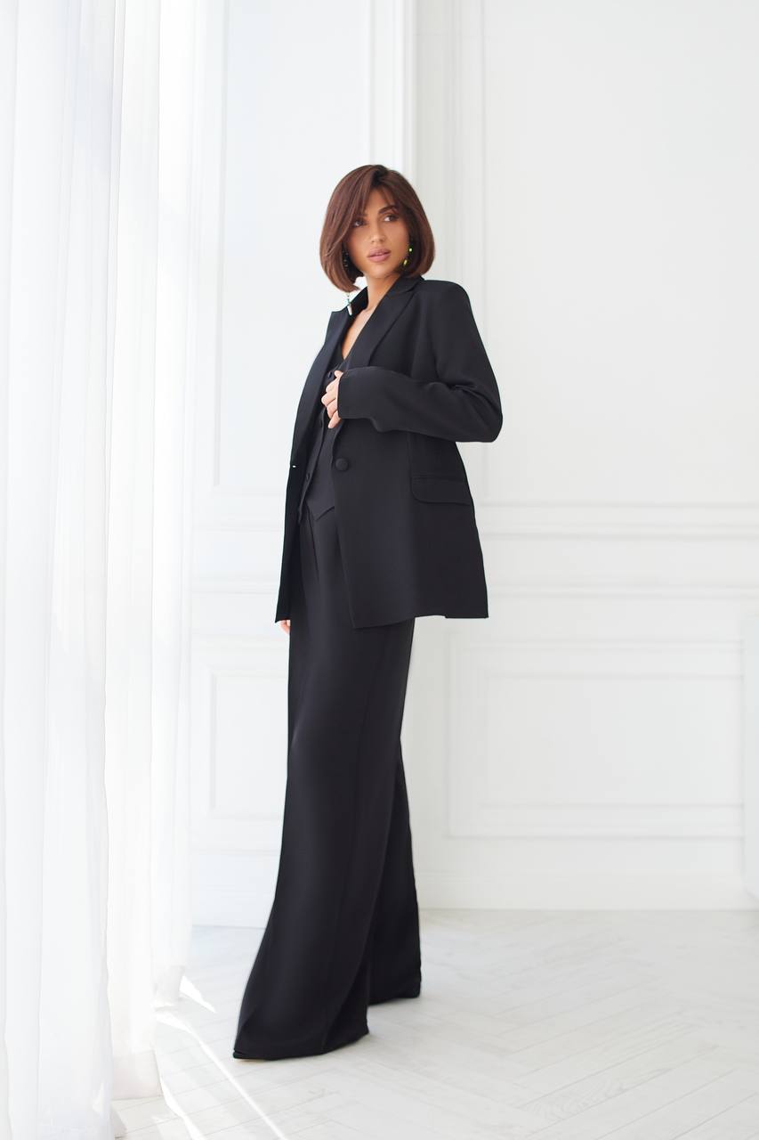 Black Women's Three Piece Suit Diagonal Crepe Lined Vest Jacket Trousers