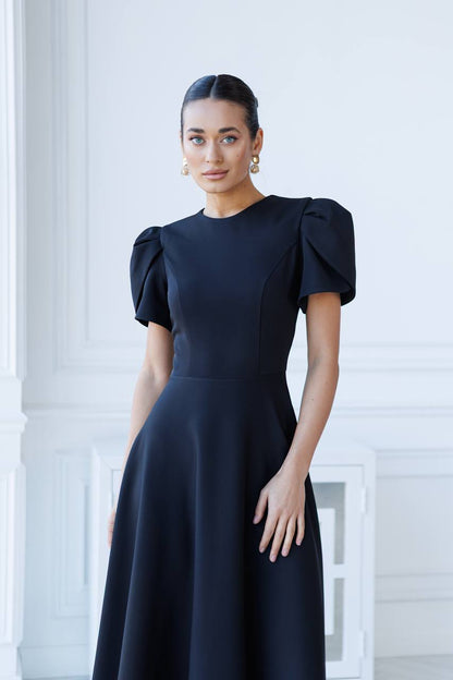 Elegant Women's Black Diagonal Crepe Dress with Puff Sleeves