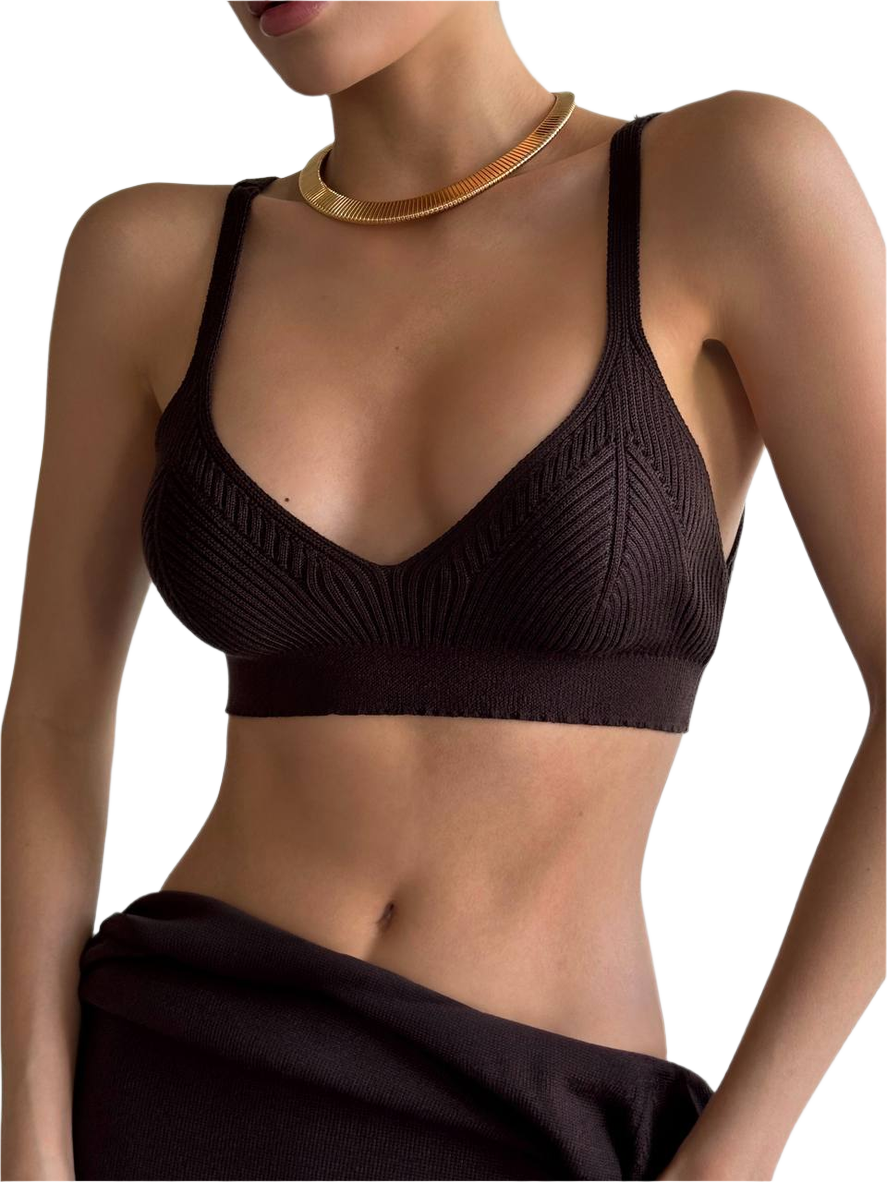 Black textured bralette worn by a model on a white background