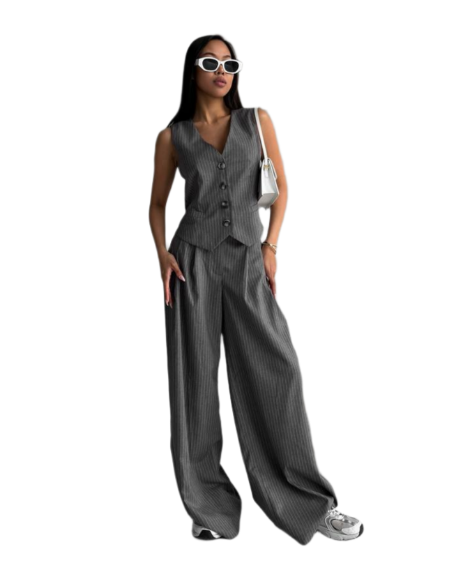 Womens Elegant Suit Crepe Vest and Wide Leg Pants Set Gray