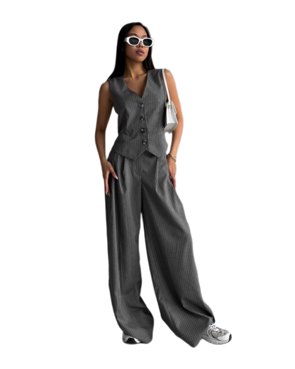 Womens Elegant Suit Crepe Vest and Wide Leg Pants Set Gray