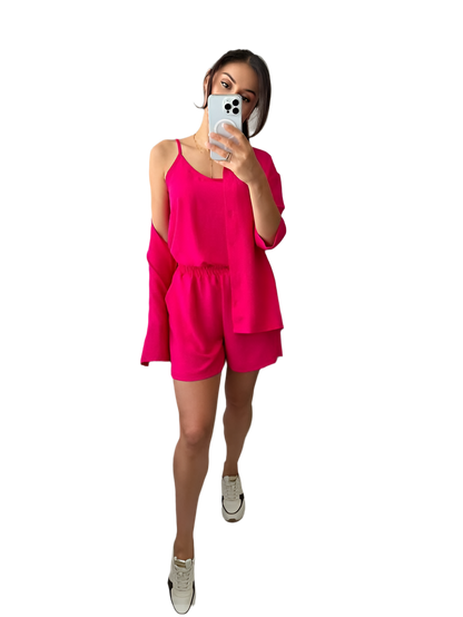 Summer Lightweight Three-Piece Suit with Shirt, Tank Top, and Shorts