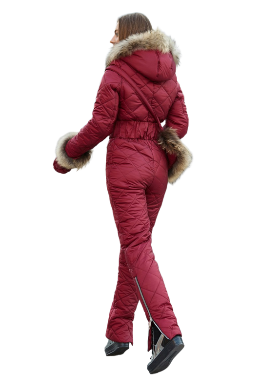 Winter Women's Quilted Ski Jumpsuit with Natural Raccoon Fur Trim