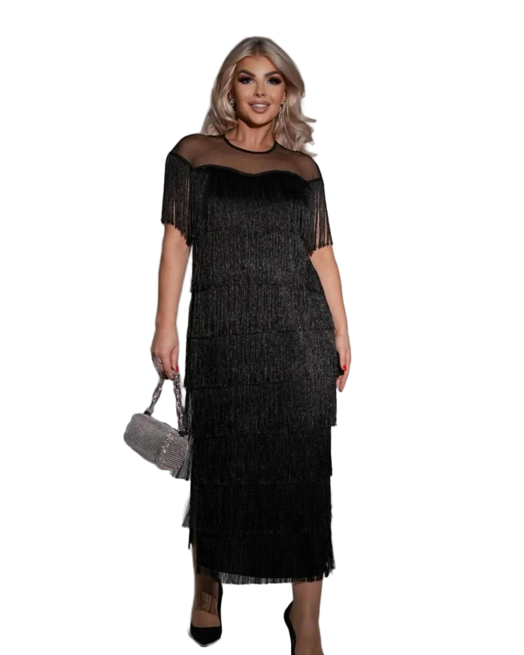 Black Fringe Cocktail Dress with Mesh Yoke Elegant Party Dress