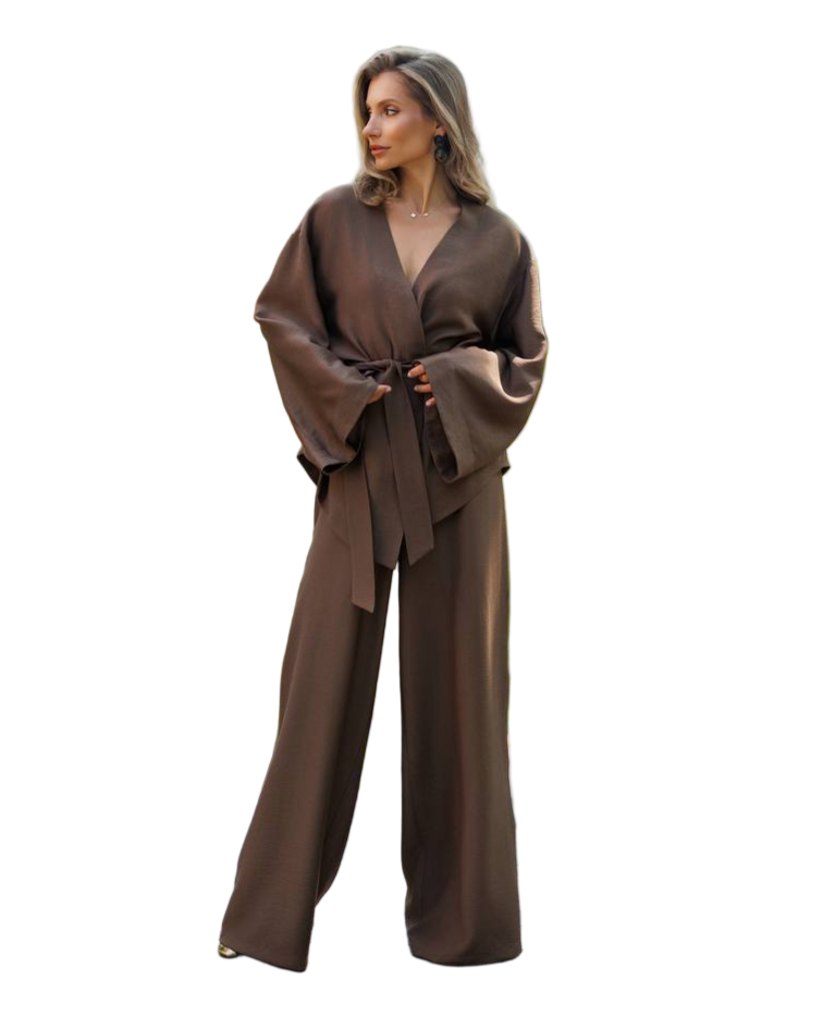 Elegant Long Sleeve Belted Brown Dress for Women