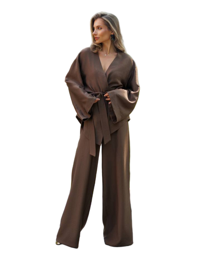 Elegant Long Sleeve Belted Brown Dress for Women